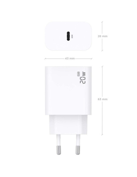 Cargador de Pared GaN Aisens A110-0938/ 1xUSB Tipo-C/ 20W/ Blanco