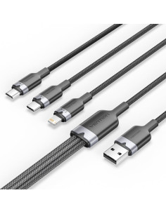 Vention Cable USB-A 2.0 a USB-C, Lightning, Micro-B 3A - 1.5m - Trenzado - Color Negro