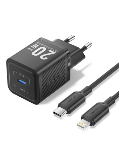 Vention Cargador de Pared GaN USB-C 20W - Cable USB-C a Lightning 1m - Color Negro