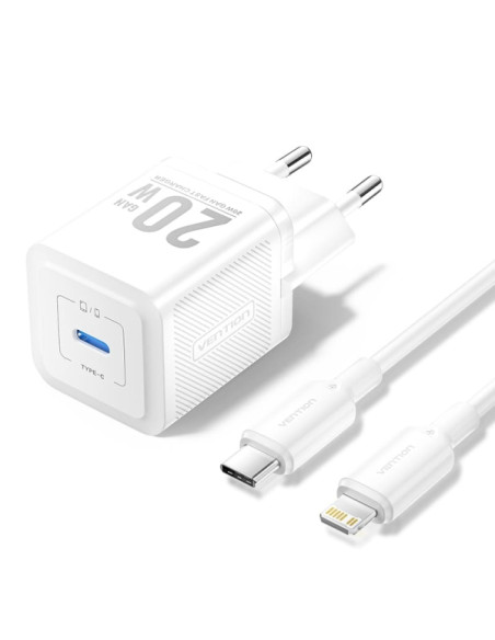 Vention Cargador de Pared GaN USB-C 20W - Cable USB-C a Lightning 1m - Color Blanco