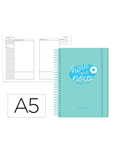 Agenda escolar antartik 25-26 espiral here and now turquesa dia pagina a5 bilingüe papel fsc 80 gr 80 gr