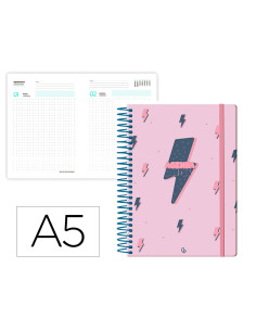 Agenda escolar liderpapel 25-26 espiral patterns rayos rosa dia pagina a5 bilingüe papel fsc 80 gr