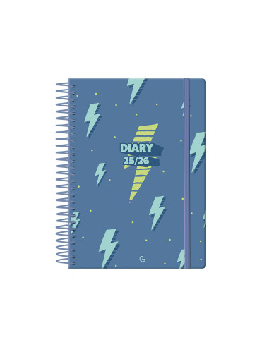 Agenda escolar liderpapel 25-26 espiral patterns rayos azul dia pagina a5 bilingüe papel fsc