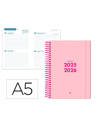 Agenda escolar liderpapel 25-26 espiral basic rosa 2 dias pagina a5 bilingüe papel fsc 70 gr