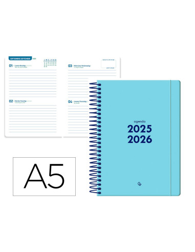 Agenda escolar liderpapel 25-26 espiral basic azul 2 dias pagina a5 bilingüe papel fsc 70 gr