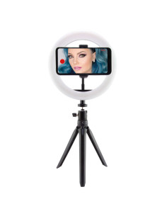 Ksix Studio Live Anillo de Luz USB con Tripode de Mesa - 3 Temperaturas y 10 Intensidades de Luz - Mando Incorporado en el Cable