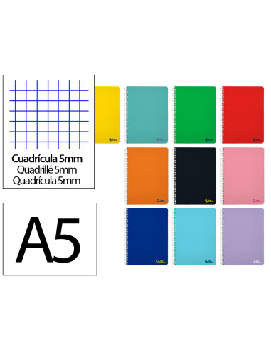 Cuaderno espiral liderpapel din a5 smart tapa blanda 80h 75gr cuadro 5mm con margen colores surtidos