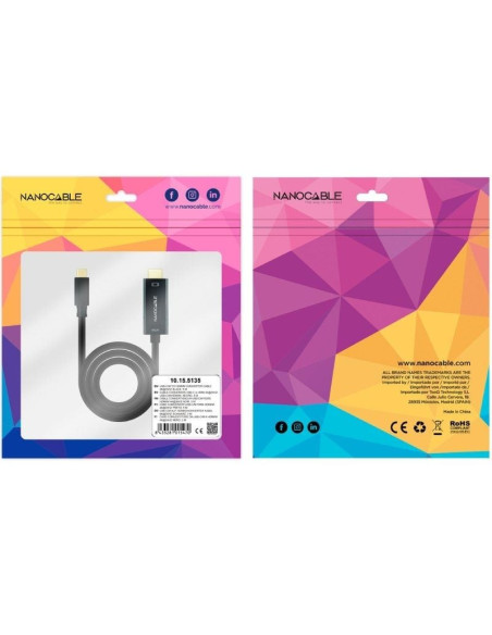 Cable Conversor Nanocable 10.15.5135/ USB Tipo-C Macho - HDMI Macho/ 5m/ Negro