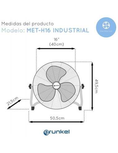 Ventilador de Suelo Industrial Grunkel MET-H16INDUSTRIAL/ 90W/ 3 Aspas 40cm/ 3 Velocidades