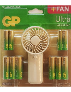 GP Ultra Alcalina Pack de 12 Pilas AAA + 12 Pilas AA + Ventilador de Mano de Regalo