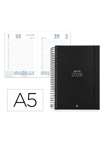Agenda espiral liderpapel olbia a5 2026 dia pagina design 2 (negro) papel 60 gr