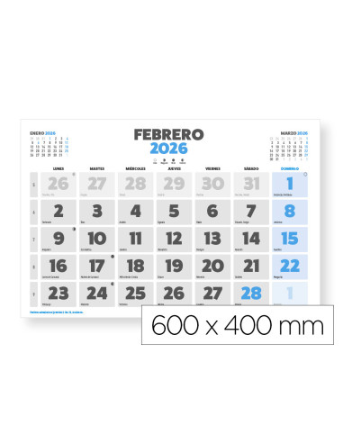 Calendario pared liderpapel clasico 2026 lomo engomado 60x40 cm papel 105 gr