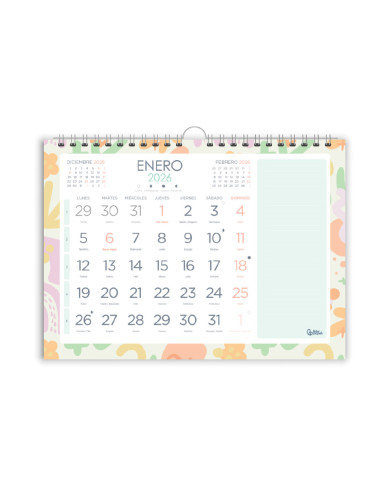 Calendario espiral pared liderpapel joven 2026 numeros grandes 44x32 cm papel 128 gr con pegatinas