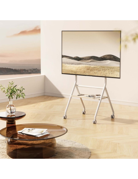 Aisens Soporte de Suelo ECO con Rueda - 1 Bandeja para Pantalla Interactiva/TV 80kg de 37-86 - Color Blanco/Madera