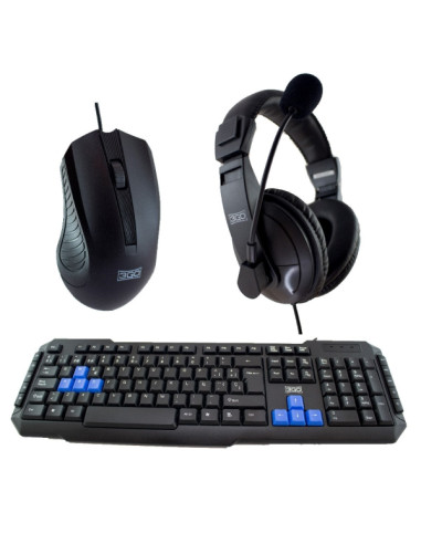 3Go Drile H2 Pack USB Teclado Multimedia + Raton 1000dpi 5 Botones + Auriculares con Microfono - Uso Ambidiestro - Color Negro