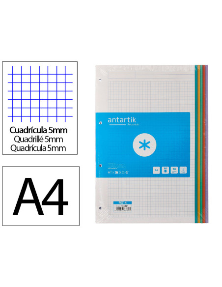 Recambio a4 antartik 80 hojas 90g/m2 cuadro 5 mm 4 taladros bandas de 5 colores pasteles