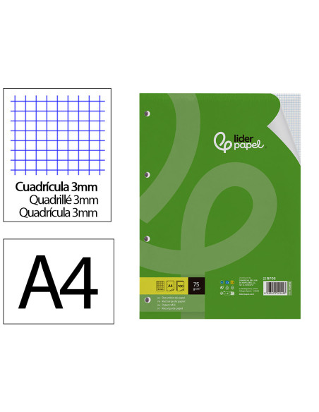 Recambio liderpapel din a4 100 hojas 75 gr cuadro 3 mm con margen 4 taladros