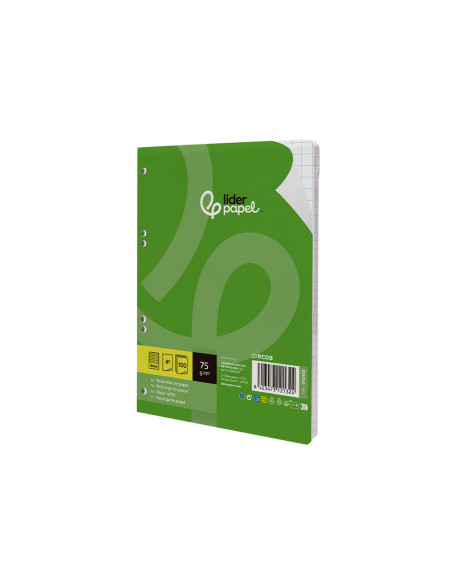 Recambio liderpapel din a5 100 hojas 75 gr cuadro 8mm con margen 6 taladros