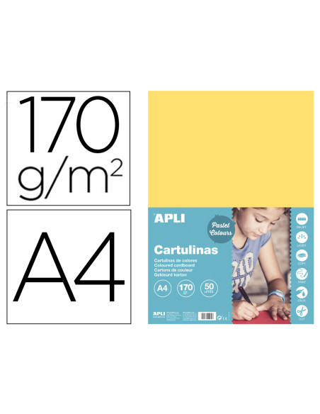 Cartulina apli din a4 170g/m2 amarillo claro paquete de 50 hojas