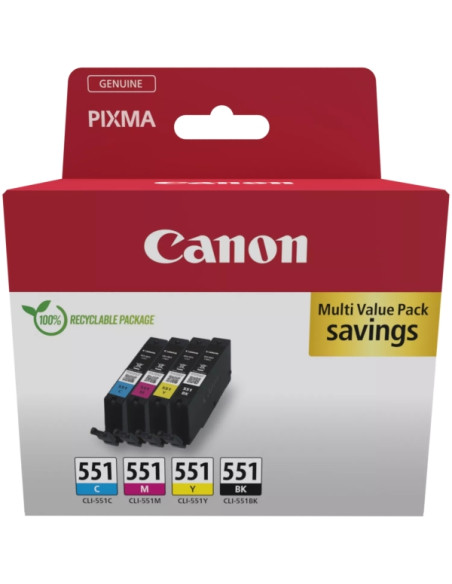 Canon CLI551 Multipack de 4 Cartuchos de Tinta Originales Negro, Cyan, Magenta y Amarillo - 6509B015