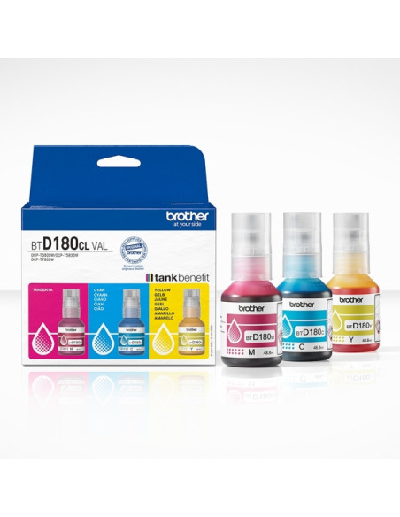 Brother BTD180CLVAL Pack de 3 Botellas de Tinta Original Cyan, Magenta y Amarillo - BTD180CLVAL