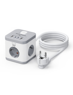 Ewent Regleta con 6 Tomas de Sobremesa - 3x Schuko 16A - 2x USB-A - 2x USB-C - Proteccion Infantil - Interruptor On/Off - Forma
