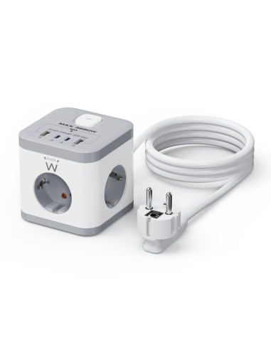 Ewent Regleta con 6 Tomas de Sobremesa - 3x Schuko 16A - 2x USB-A - 2x USB-C - Proteccion Infantil - Interruptor On/Off - Forma