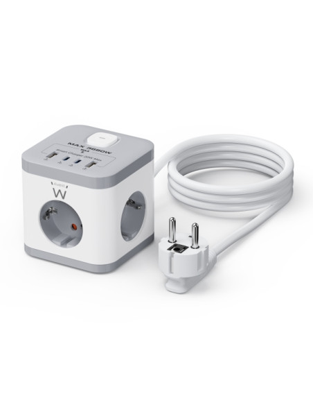 Ewent Regleta con 6 Tomas de Sobremesa - 3x Schuko 16A - 2x USB-A - 2x USB-C - Proteccion Infantil - Interruptor On/Off - Forma