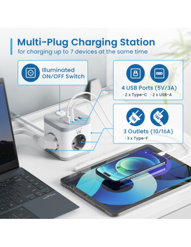 Ewent Regleta con 6 Tomas de Sobremesa - 3x Schuko 16A - 2x USB-A - 2x USB-C - Proteccion Infantil - Interruptor On/Off - Forma
