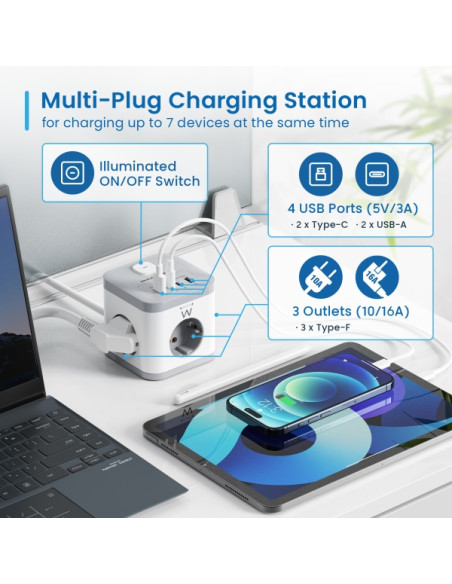 Ewent Regleta con 6 Tomas de Sobremesa - 3x Schuko 16A - 2x USB-A - 2x USB-C - Proteccion Infantil - Interruptor On/Off - Forma