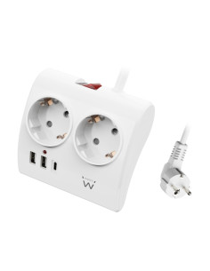 Ewent Regleta de 5 Tomas de Sobremesa - 2x Schuko 16A - 2x USB-A - 1x USB-C - Interruptor On/Off - Cable de 1.5m - Color Blanco