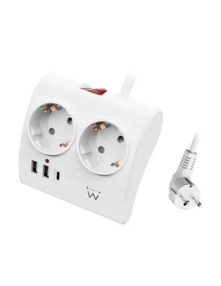 Ewent Regleta de 5 Tomas de Sobremesa - 2x Schuko 16A - 2x USB-A - 1x USB-C - Interruptor On/Off - Cable de 1.5m - Color Blanco