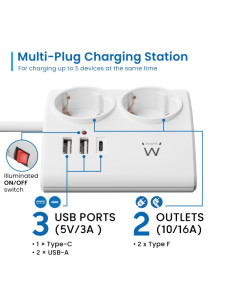 Ewent Regleta de 5 Tomas de Sobremesa - 2x Schuko 16A - 2x USB-A - 1x USB-C - Interruptor On/Off - Cable de 1.5m - Color Blanco 2