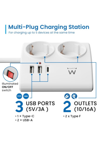 Ewent Regleta de 5 Tomas de Sobremesa - 2x Schuko 16A - 2x USB-A - 1x USB-C - Interruptor On/Off - Cable de 1.5m - Color Blanco