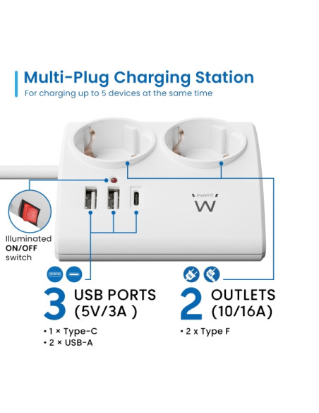 Ewent Regleta de 5 Tomas de Sobremesa - 2x Schuko 16A - 2x USB-A - 1x USB-C - Interruptor On/Off - Cable de 1.5m - Color Blanco