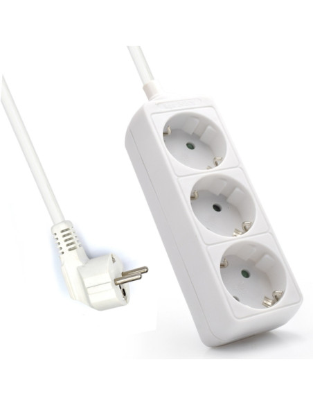 Ewent Regleta de 3 Tomas Schuko 16A - Proteccion Infantil - Cable de 1.5m - Enchufe Schuko Plano en Angulo - Color Blanco