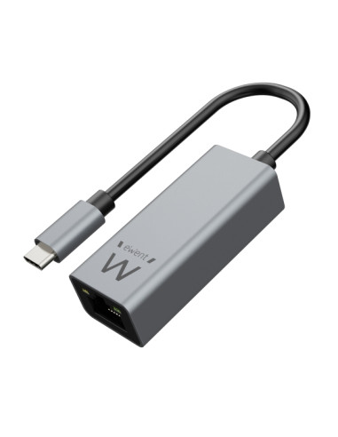 Ewent Conversor Adaptador de Red RJ45 a USB-C - Gigabit 10/100/1000Mbps - Cable de 15cm - Color Aluminio