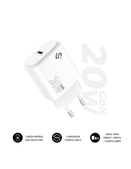 Subblim Cargador de Pared GaN 20W - USB-C -  Carga rápida - Color Blanco