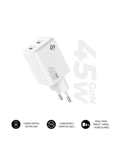 Subblim Cargador de Pared GaN 45W - 2xUSB-C -  Carga Ultra rápida - Color Blanco