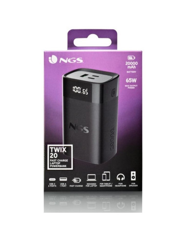 Powerbank 20000mAh NGS TWIX20/ 65W/ Compatible con Portátiles/ Negra