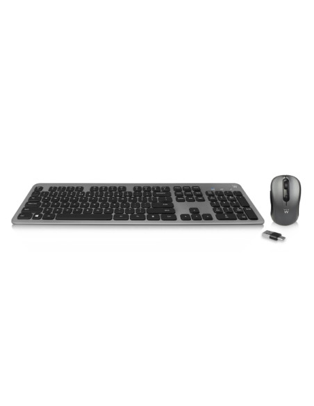 Ewent Pack Teclado + Raton Inalambrico - Receptor USB-A 2.4Hz - 1600dpi - Disposicion Inglesa QWERTY US - Incluye Pilas AA/AAA -