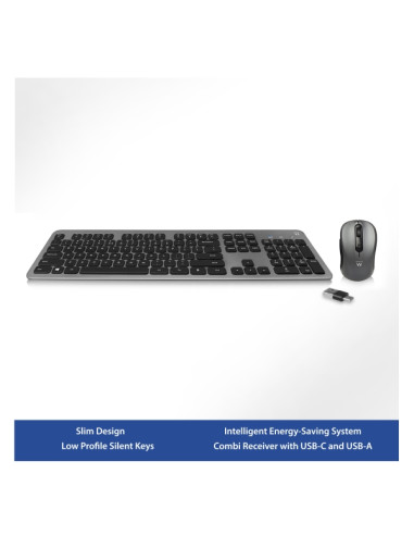 Ewent Pack Teclado + Raton Inalambrico - Receptor USB-A 2.4Hz - 1600dpi - Disposicion Inglesa QWERTY US - Incluye Pilas AA/AAA -