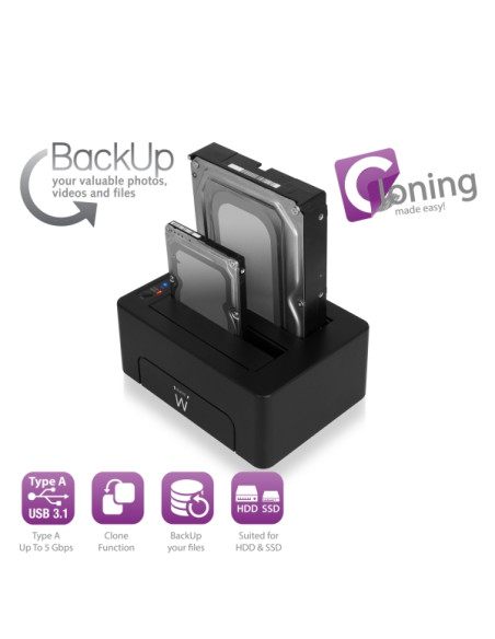 Ewent Estacion de Docking de Doble Bahia - HDD/SSD SATA de 2.5/3.5" - USB 3.2 Gen1 - Funcion de Clonado - Indicador LED - Color