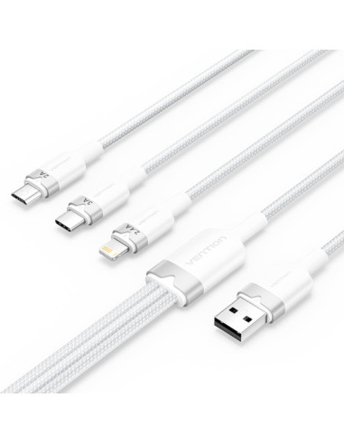 Vention Cable USB-A 2.0 a USB-C, Lightning, Micro-B 3A - 1.5m - Trenzado - Color Blanco