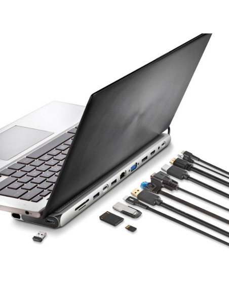 Docking USB Tipo-C NGS WonderDock 12 Pro/ 3xUSB/ 2xHDMI/ 1xVGA/ 1xRJ45/ 1xLector de Tarjetas/ 1xJack 3.5/ 1xUSB Tipo-C PD/ Gris