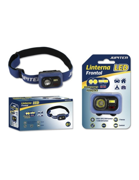 Jupiter Linterna Frontal LED 200lm + COB 50lm - Resistencia IP65 - Goma Ajustable para Cabeza - Funciona con 3 Pilas AAA (No Inc