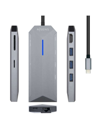 Aisens USB-C Dock 8 en 1 - USB-C a 1xHDMI - 1xRJ45 - 3xUSB - 1xPD - 1xSD - 1xMICRO SD - 15cm - Color Gris