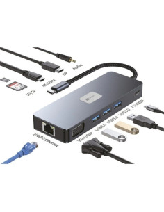 Leotec Adaptador 11 en 1 Plus USB-C a 1xDisplayPort, 1xHDMI, 1xVGA, 1xRJ45, 3xUSB-A 3.2, 1xUSB-C PD, 1xTF+1xSD, 1x Audio - Color