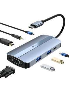 Leotec Adaptador 7 en 1 USB-C a 1xHDMI, 1xVGA, 1xUSB-A 3.0, 1xUSB-A 2.0, 1xUSB-C, 1x USB-C PD, 1xAudio - Color Gris