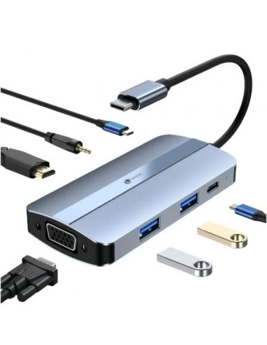 Leotec Adaptador 7 en 1 USB-C a 1xHDMI, 1xVGA, 1xUSB-A 3.0, 1xUSB-A 2.0, 1xUSB-C, 1x USB-C PD, 1xAudio - Color Gris